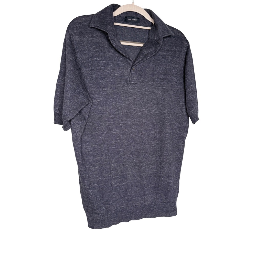 Thom Sweeney linen and cotton blend navy blue mens polo top 1/4 button down golf